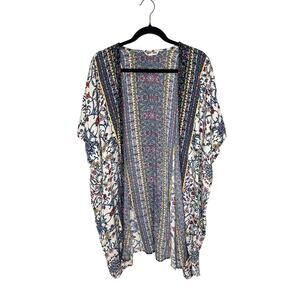 Gypsy Love Kimono S Cream Floral Cardigan Blue Yellow Purple Raw‎ Fringe Duster